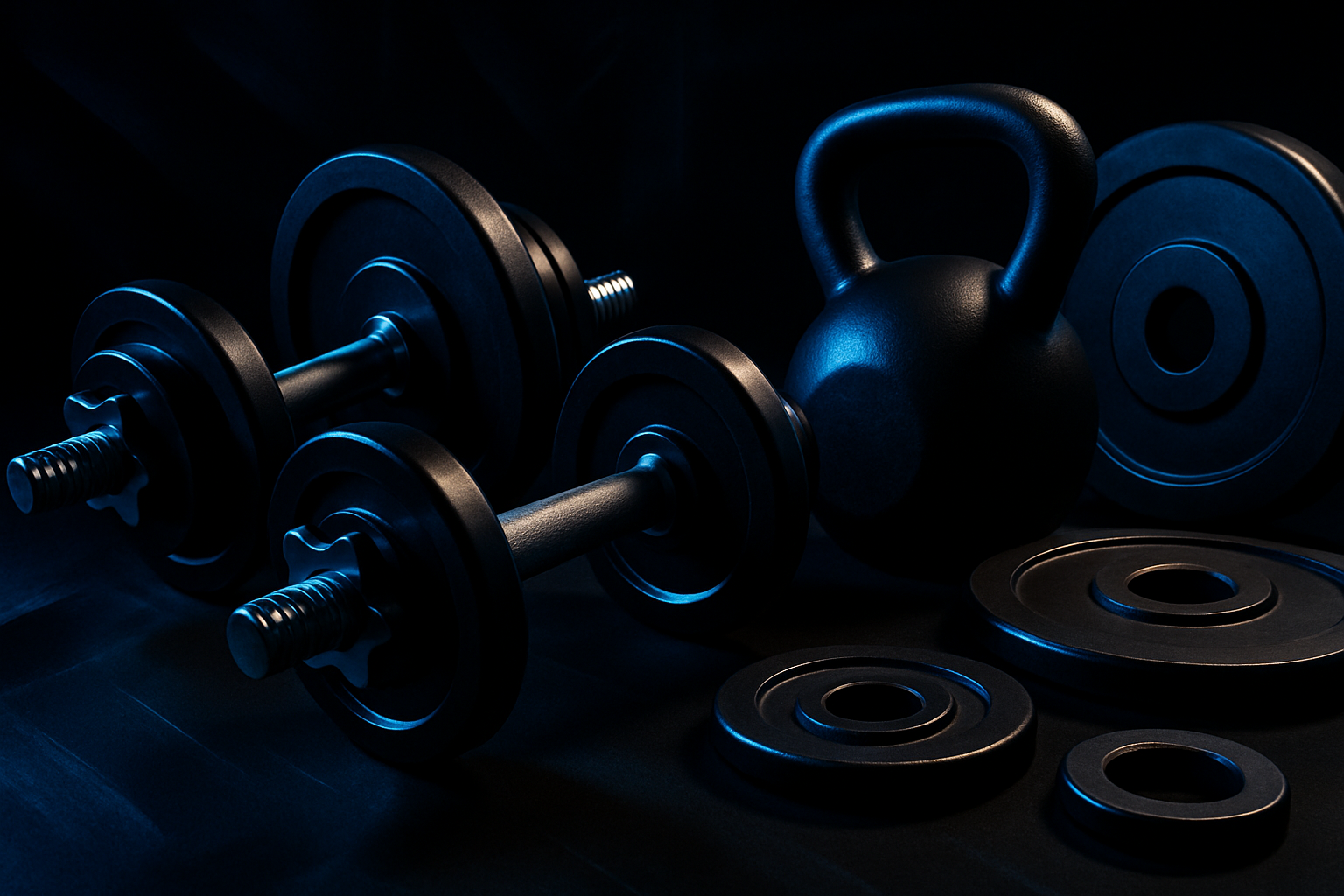 Abstract gym vibes: dumbbells, kettlebells, or weights with good lighting in black n blue theme